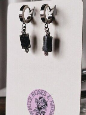 Black Rutilated Quartz Huggie Hoop Earrings Stainless Steel